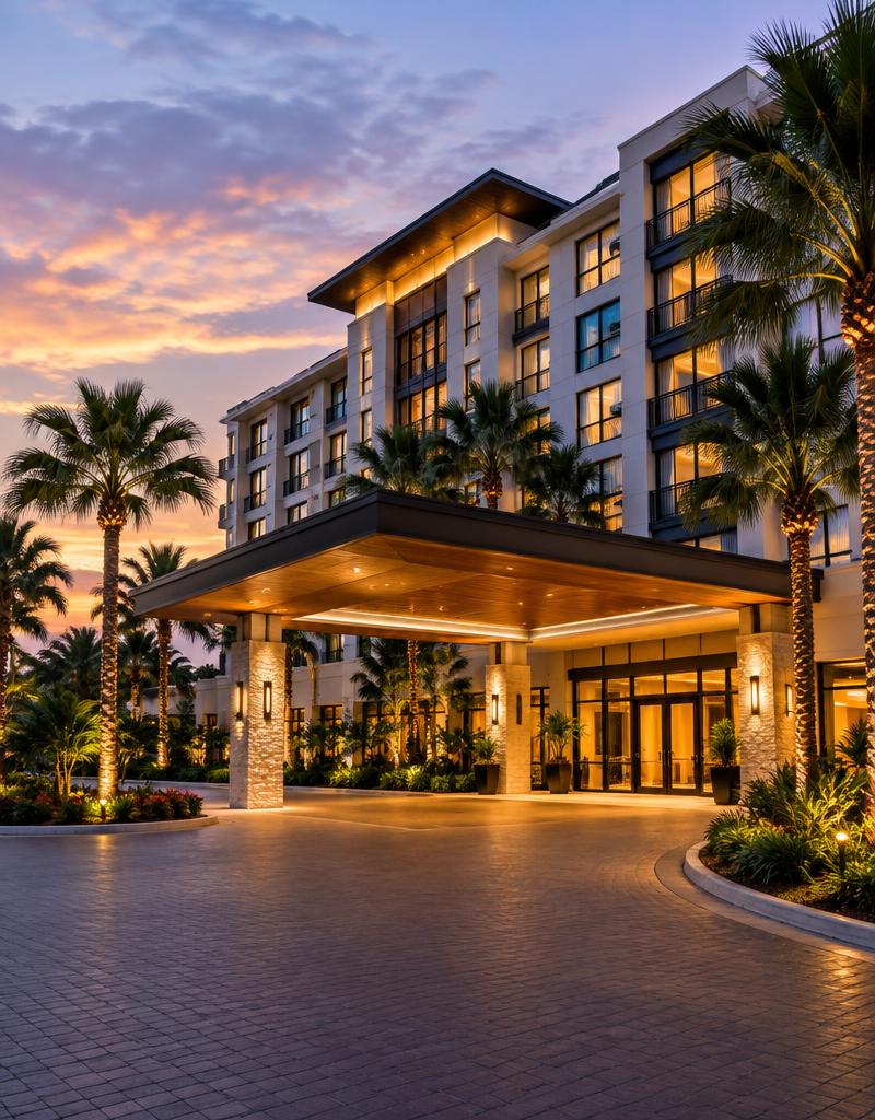 Upscale hotel entrance at dusk with palm trees