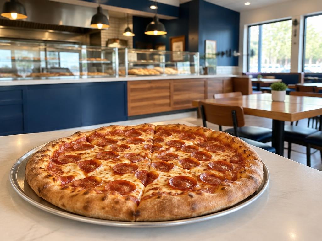Fresh pizza on a tray in a modern pizza franchise dining room