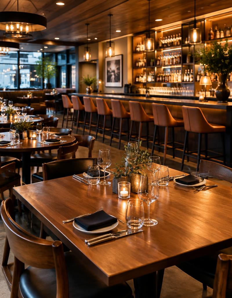 Modern restaurant interior with warm lighting