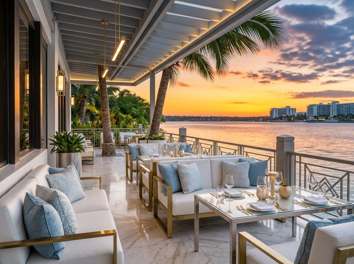 Waterfront restaurant patio seating at sunset